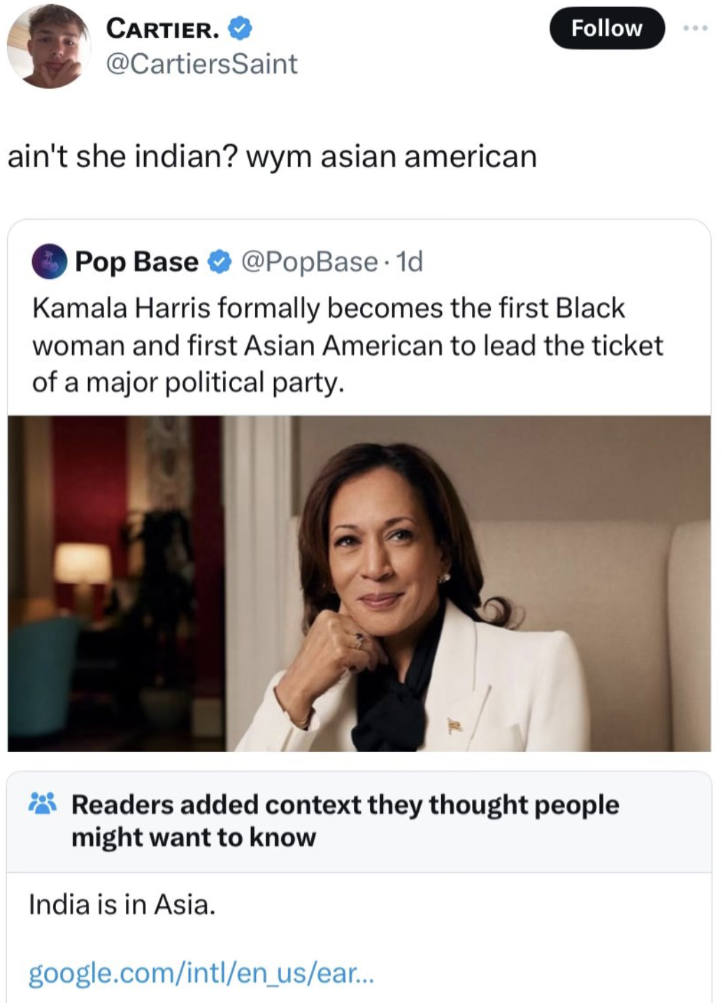 kamala harris - Cartier. ain't she indian? wym asian american Pop Base 1d www Kamala Harris formally becomes the first Black woman and first Asian American to lead the ticket of a major political party. Readers added context they thought people might want